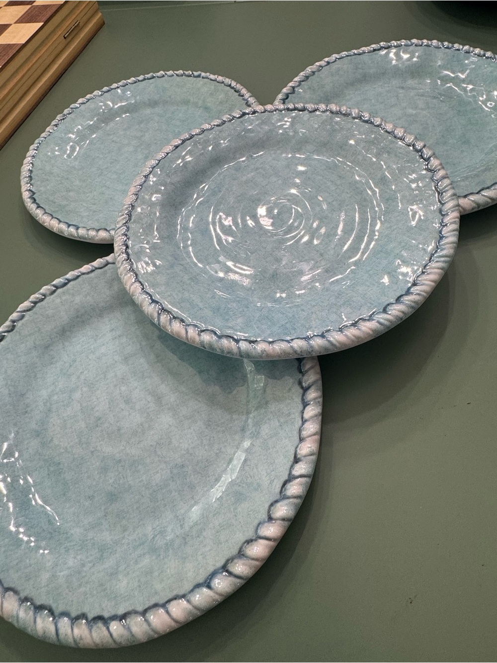Handcrafted Light Blue Melamine Salad  Plates set of 4 with Rope-Edge Trim